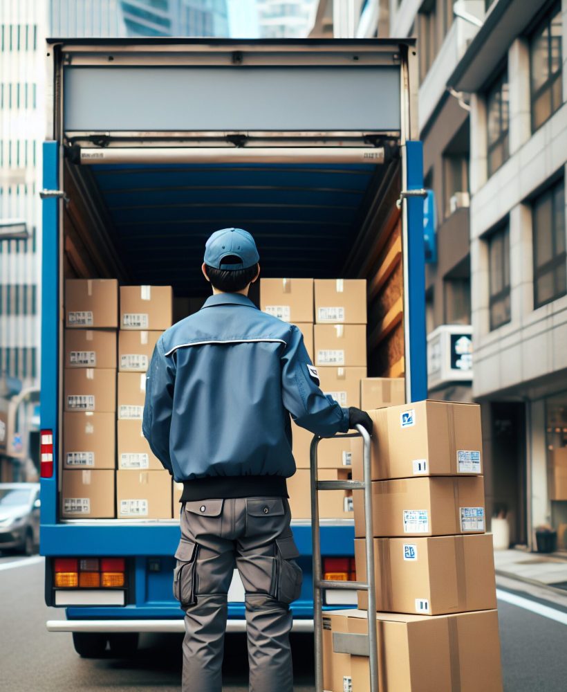 Back,View,Of,Korean,Delivery,Driver,Unloading,Carton,Boxes,From
